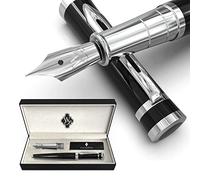 Wordsworth & Black Coffret de Stylos Plume, Plumes Moyenne et Fines Dorées 18 carats, 6 Cartouches d'Encre et Convertisseur de Recharge, Coffret Cadeau, Écriture Douce [Chrome Noir]