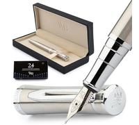 Wordsworth & Black Ensemble de stylo-plume, Moyen Nib, comprend 24 cartouches d'encre et un convertisseur de recharge d'encre, coffret cadeau, calligraphie, stylos à écriture lisse [Chrome argenté]