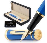 Wordsworth & Black Ensemble de stylo-plume, pointe moyenne dorée 18 carats, 24 cartouches d'encre, convertisseur d'encre et coffret cadeau, finition dorée, calligraphie, bleu