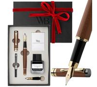 Wordsworth & Black Ensemble de stylos, luxe en bois de bambou - moyenne, extra fine, boîte cadeau ; bouteille d'encre noire de 25 ml, 6 cartouches d'encre [bois brun]