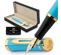 Wordsworth & Black Ensemble de stylos plume noirs, pointe moyenne en métal plaqué 18 carats, 24 cartouches d'encre, convertisseur de recharge d'encre et boîte-cadeau, finition dorée, bleu ciel