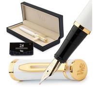 Wordsworth & Black Ensemble de Stylos-Plume, Plume Moyenne Dorée 18K, Comprend 24 Cartouches d’Encre, Convertisseur de Recharge d’Encre & Boîte-Cadeau, Finition Or, Calligraphie, [Or Blanc]