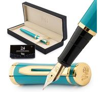 Wordsworth & Black Ensemble de Stylos-Plume, Plume Moyenne Dorée 18K, Comprend 24 Cartouches d’Encre, Convertisseur de Recharge d’Encre & Boîte-Cadeau, Finition Or, Calligraphie, [Or Turquoise]