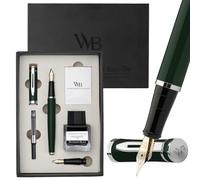 Wordsworth & Black Ensemble de Stylos Plume, Plume Moyenne et Extra Fine Dorée 18K, Bouteille d’Encre Noire 25ML,6 Cartouches,Convertisseur,Boîte Cadeau-[Vert Chrome],Coffret pour Hommes et Femmes.