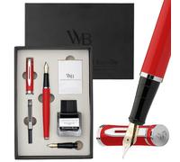 Wordsworth & Black Ensemble de Stylos Plume,Plume Moyenne et Extra Fine Dorée 18K,Bouteille d’Encre Noire 25ML,6 Cartouches,Convertisseur,Boîte Cadeau-[Rouge Chrome],Coffret pour Hommes et Femmes.