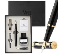 Wordsworth & Black Ensemble de Stylos Plume, Plume Moyenne et Extra Fine Dorée 18K, Bouteille d’Encre Noire 25ML, 6 Cartouches, Convertisseur, Boîte Cadeau - [Noir Or], Coffret pour Hommes et Femmes.