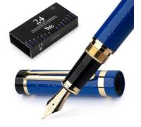 Wordsworth & Black Ensemble de stylos-plume Primori [Bleu Or] Pointe fine, étui cadeau, 24 cartouches d'encre, convertisseur de recharge, manuel, journal intime, calligraphie, stylos à écriture fluide
