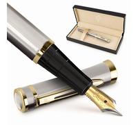 Wordsworth & Black Ensemble Stylo-Plume, Plume Moyenne Dorée 18K, Comprend Pack 24 Cartouches d’Encre, Convertisseur de Recharge d’Encre & Boîte Cadeau, Finition Or, Calligraphie, [Argent Or]