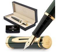 Wordsworth & Black Ensemble Stylo-Plume, Plume Moyenne Dorée 18K, Pack 24 Cartouches d’Encre, Convertisseur de Recharge & Boîte Cadeau, Finition Or, Calligraphie, [Vert course]