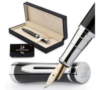 Wordsworth & Black Ensemble Stylo Plume, Pointe Courbée, Comprend 24 Cartouches D'encre, Convertisseur De Recharge D'encre Et Coffret Cadeau, Finition Chromée, Calligraphie [Chrome Noir]