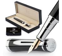Wordsworth & Black Ensemble Stylo Plume, Pointe Large, Comprend 24 Cartouches D'encre, Convertisseur De Recharge D'encre Et Coffret Cadeau, Finition Chromée, Calligraphie [Chrome Noir]