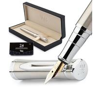 Wordsworth & Black Ensemble Stylo Plume, Pointe Large, Comprend 24 Cartouches D'encre, Convertisseur De Recharge D'encre Et Coffret Cadeau, Finition Chromée, Calligraphie [Chrome Argenté]