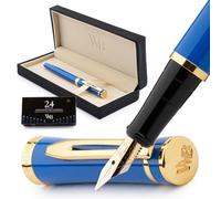 Wordsworth & Black Ensemble Stylo Plume, Pointe Large Dorée 18 Carats, Comprend 24 Cartouches D'encre, Convertisseur De Recharge D'encre Et Coffret Cadeau, Finition Dorée Calligraphie [Bleu Impérial]