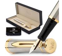 Wordsworth & Black Kit stylo plume, Plume large, comprend 24 cartouches d'encre, convertisseur de recharge d'encre et coffret cadeau, finition chrome, calligraphie, [Argent Or]