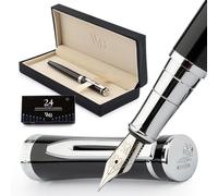 Wordsworth & Black Kit Stylo Plume, Plume Moyenne, Comprend 24 Cartouches d'encre et convertisseur de Recharge d'encre, Coffret Cadeau, Journalisation, Calligraphie, [Chrome Noir]