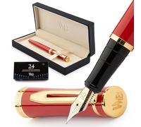 Wordsworth & Black Kit stylo plume, Plume moyenne dorée 18 carats, Comprend 24 cartouches d'encre, Convertisseur de recharge d'encre et coffret cadeau, Finition or, Calligraphie, [Rouge cramoisi]