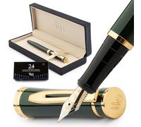 Wordsworth & Black Kit stylo plume, Pointe Extra Fine, comprend 24 cartouches d'encre, convertisseur de recharge d'encre et coffret cadeau, finition chrome, calligraphie, [Vert de course]