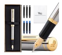 Wordsworth & Black Mini stylo-plume de poche, plume moyenne, argent | Coffret cadeau, corps en laiton, iridium allemand, voyage et journal intime, convertisseur, 6 cartouches d'encre rechargeable