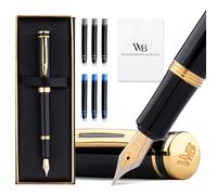Wordsworth & Black Mini stylo-plume de poche, plume moyenne, noir | Coffret cadeau, corps en laiton, iridium allemand, voyage et journal intime, convertisseur, 6 cartouches d'encre rechargeable