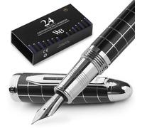 Wordsworth & Black Stylo-plume Majesti (à carreaux), étui de luxe, finition chromée ; Pointe fine, Cartouches d'encre, Convertisseur de recharge rechargeable - Stylo de calligraphie
