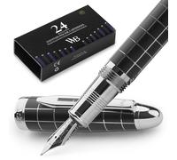 Wordsworth & Black Stylo plume Majesti (Chrome à carreaux), étui de luxe, finition chromée, 24 cartouches d'encre Iridium pointe moyenne, kit-cadeau Stylo plume rechargeable pour hommes et femmes