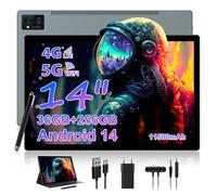 WOREGOO Tablette 14 Pouces Android 14, Tablette Tactile 5G WiFi et 4G LTE, 36GB RAM + 256GB ROM(1TB TF), Octa-Core/Ecran 2K/BT5.0/13MP+8MP/11580mAh/GPS/GMS avec étui et Stylet, Gris