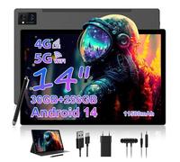 WOREGOO Tablette 14 Pouces Android 14 Tablette Tactile 5G WiFi et 4G LTE, 36Go RAM + 256Go ROM(1To Extensible), Octa-Core/Ecran 14" FHD 2K/13MP/11580mAh/GPS/Tablette avec étui et Stylet,Noir