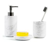 WORHE Ensemble d'accessoires de salle de bain en marbre naturel italien 3 pièces avec porte-brosse à dents, distributeur de savon et porte-savon, couleur blanche (WH054)