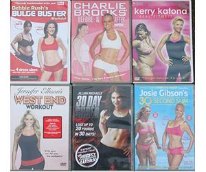 WORKOUT COLLECTION 6 DVDS: Josie Gibson's 30 second slim KERRY KATONA REAL FITNESS Jillian Michaels 30 day shred CHARLIE BROOKS before & after DEBBIE RUSH'S bulge buster JENNIFER ELLISON'S west end