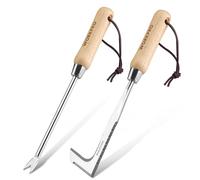 WORKPRO 2 Pièces Desherbeur Manuel, Couteau Désherbeur, Désherbeur Manuel en Acier Inoxydable avec Poignée Bois, Arrache Mauvaise Herbe, Outil Désherbage pour Jardin