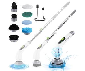 WORKPRO Brosse de Nettoyage Électrique Rotative, Brosse de Nettoyage sans Fil Rechargeable avec 8 Brosses Remplaçables, Poignée Extensible 30 à 120 cm, 3 Vitesses Réglages, IPX6, pour Salles de Bains