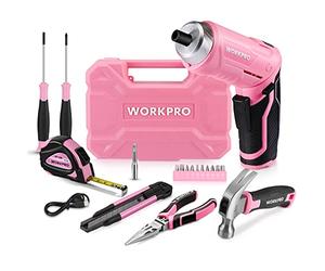 WORKPRO Caisse à Outils Rose 18 Pièces avec Tournevis Electrique 3,7 V | Trousse à Outils avec Boîte de Rangement, Mallette à Outils pour Usage Domestique ou Petits Travaux