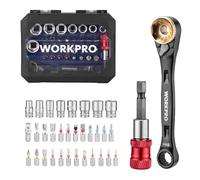 WORKPRO Coffret 34 Pièces avec Mini Clé à Cliquet 1/4" Double Tête 3-en-1, Embouts de Tournevis en Acier S2, Porte-Embout Magnétique et Adaptateur pour Réparation Automobile