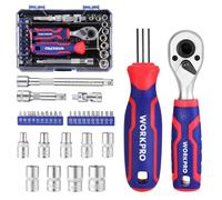 WORKPRO Coffret de Douilles et Embouts 34 Pièces, Mini Clés à Cliquet 1/4" Double Tête 2-en-1, Tournevis à Embouts Magnétique, 2 Rallonges et Joint Universel, Outils de Réparation pour Vélos Voitures