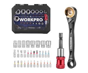 WORKPRO Coffret Douilles et Embouts 34 Pièces, Mini liquet 1/4" Double Tête 3-en-1, Embouts de Tournevis en Acier S2, Porte-Embout Magnétique et Adaptateur, Outils de Réparation pour Voitures