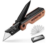 WORKPRO Couteau de poche 2-en-1 pliable en aluminium avec manche en bois et clip de ceinture, Liner Lock, changement rapide, 10 lames supplémentaires incluses