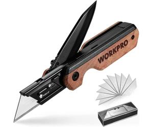 WORKPRO Couteau de poche 2-en-1 pliable en aluminium avec manche en bois et clip de ceinture, Liner Lock, changement rapide, 10 lames supplémentaires incluses