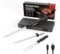 WORKPRO Couteau Électrique Sans Fil 8V, Couteau à Pain Électrique, 2 Lames en Acier Inoxydable, Fourchette, Lavable au Lave-Vaisselle, Idéal pour Couper Viande, Pain, et Plus, Étui Inclus, Noir