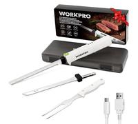 WORKPRO Couteau Électrique Sans Fil 8V, Couteau à Pain Électrique, 2 Lames en Acier Inoxydable, Fourchette, Lavable au Lave-Vaisselle, Idéal pour Couper Viande, Pain, et Plus, Étui Inclus, Blanche