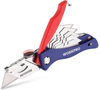 WORKPRO Cutter Professionnel Pliant Utilitaire Mécanisme de Changement Rapide Couteau de Poche avec 5 SK5 Lames Trapèzes Supplémentaires dans Poignée Cutter Moquette Tissu Cuir PVC Carton Papier