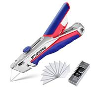 WORKPRO Cutter Professionnel en Alliage de Zinc avec Mécanisme de Changement Rapide, 4 Positions Réglables, Lames Trapèzes Réservées dans Poignée, 15 Lames en SK5 Incluses