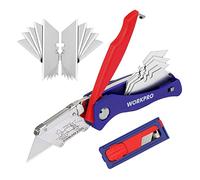 WORKPRO Cutter Professionnel Pliant avec Mécanisme de Changement Rapide, 5 Lames Trapèzes Supplémentaires dans Poignée, et 10 Lames dans Etui pour la Coupe de Moquette, Cuir, PVC, Carton, Papier