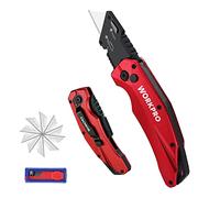 WORKPRO Cutter Professionnel Pliant, Cutter Utilitaire avec Mécanisme de Changement Rapide, 10 Lames SK5 Incluses, Idéal pour Coupe, Rouge