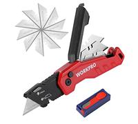WORKPRO Cutter Professionnel Pliant, Cutter Utilitaire avec Mécanisme de Changement Rapide, 13 Lames SK5 Incluses, Idéal pour Coupe, Rouge