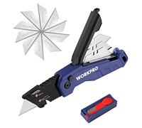 WORKPRO Cutter Professionnel Pliant, Cutter Utilitaire avec Mécanisme de Changement Rapide, 13 Lames SK5 Incluses, Idéal pour Coupe, Bleu
