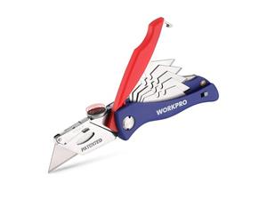 WORKPRO Cutter Professionnel Pliant Utilitaire Mécanisme de Changement Rapide Couteau de Poche avec 5 SK5 Lames Trapèzes Supplémentaires dans Poignée Cutter Moquette Tissu Cuir PVC Carton Papier