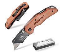 WORKPRO Cutter Utilitaire avec Mécanisme de Changement Rapide, Manche en Bois, Cutter Professionnel Pliant avec 10 Lames SK5 Supplémentaires, Idéal pour Coupe de Cuir, PVC, Papier