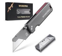 WORKPRO Cutter Utilitaire en Titane, Corps Monobloc CNC, Cutter Professionnel Pliable Léger avec Manche en Aluminium et 10 Lames, Changement Rapide de Lame, Idéal pour la Coupe du Cuir, PVC et Papier