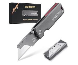 WORKPRO Cutter Utilitaire en Titane, Corps Monobloc CNC, Cutter Professionnel Pliable Léger avec Manche en Aluminium et 10 Lames, Changement Rapide de Lame, Idéal pour la Coupe du Cuir, PVC et Papier