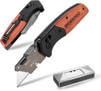 WORKPRO Cutter utilitaire multifonction pliant avec manche en bois, verrou coulissant et clip de ceinture, comprend 10 lames de rechange SK5